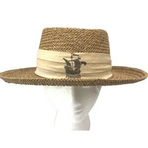 VTG Firethorn Panama Straw‎ Hat Men's Women's L XL  Embroidered Plymouth Club MA